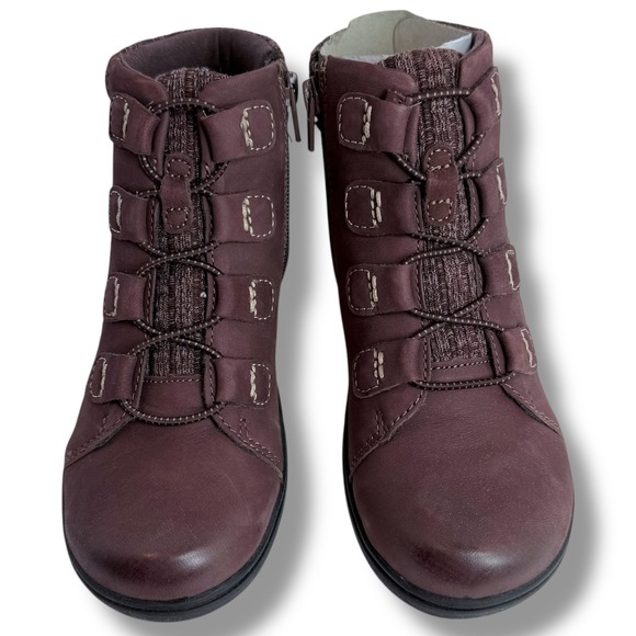 New Clarks Carleigh Jade Burgundy Nubuck Leather Knit Hiking Ankle Boots US 6M - Picture 10 of 16